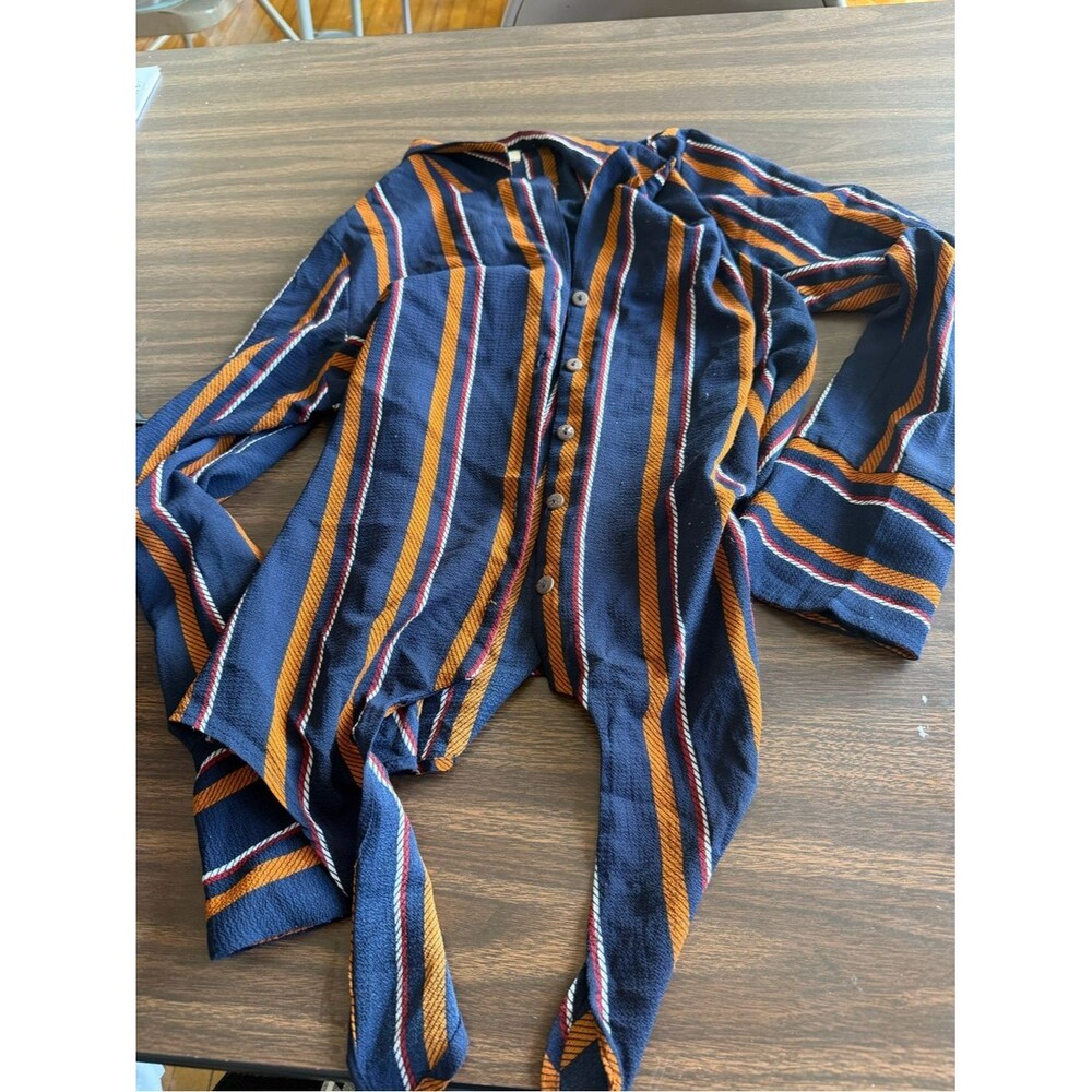 Striped Navy and Mustard Button-Up Women's Top
